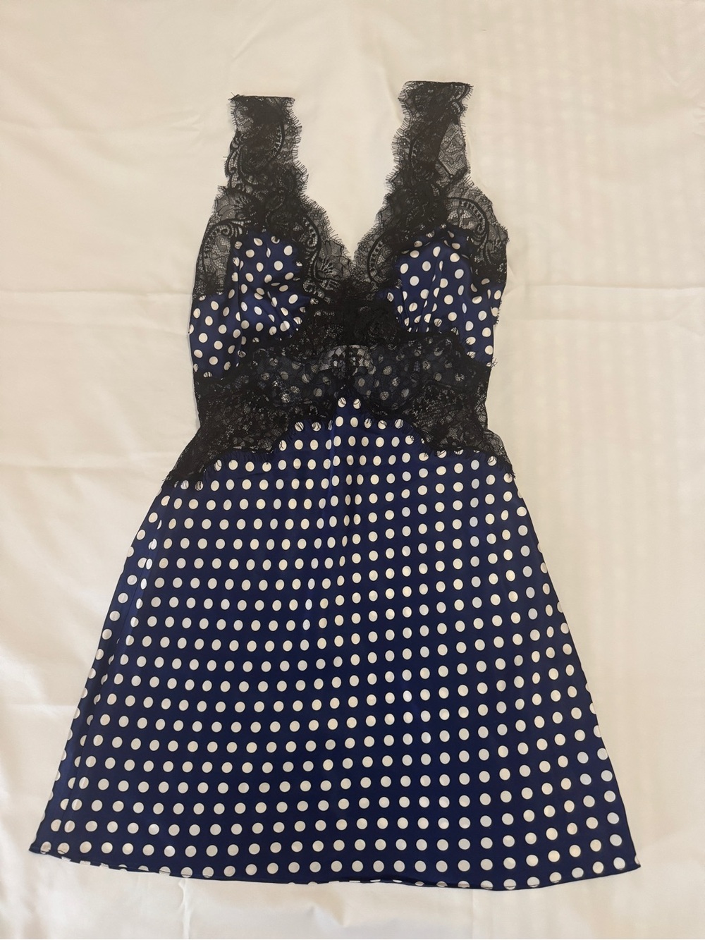 Ronny Kobo Collection Navy & White Polka Dot Lace-Trim Slip Dress